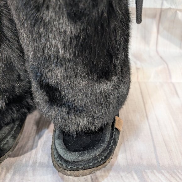 Laurentian Chief Black Fur and Suede Moccasin Boots with Tie Details - Picture 2 of 5